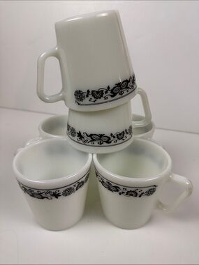 Pyrex White Mugs with Black Floral Band - Set of 6
